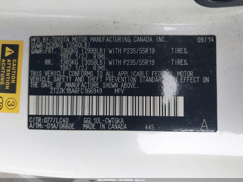 2015 Lexus Rx 350 VIN: 2T2ZK1BA6FC166949 Lot: 43964593