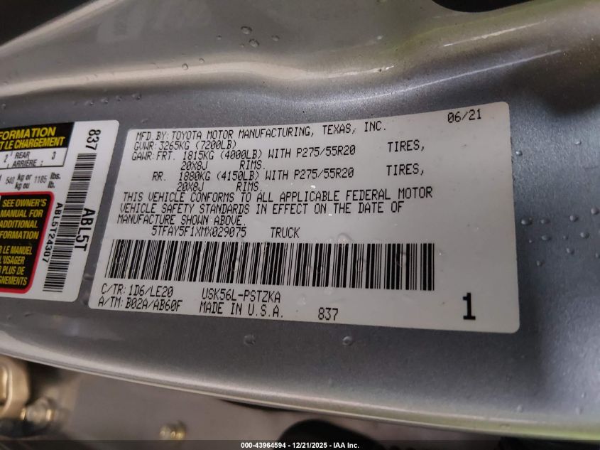 2021 Toyota Tundra Platinum VIN: 5TFAY5F1XMX029075 Lot: 43964594