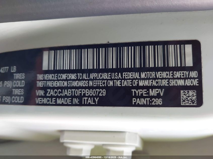 2015 Jeep Renegade Latitude VIN: ZACCJABT0FPB60729 Lot: 43964595