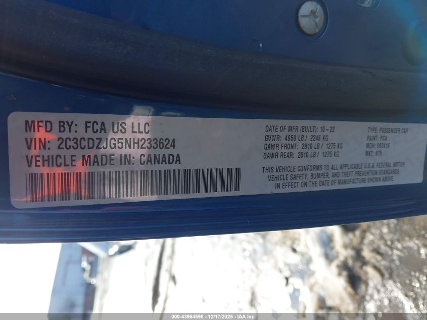 2022 Dodge Challenger Gt VIN: 2C3CDZJG5NH233624 Lot: 43964598