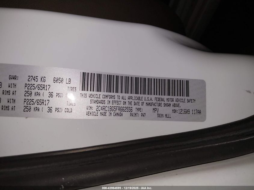 2015 Chrysler Town & Country Touring VIN: 2C4RC1BG5FR662556 Lot: 43964599