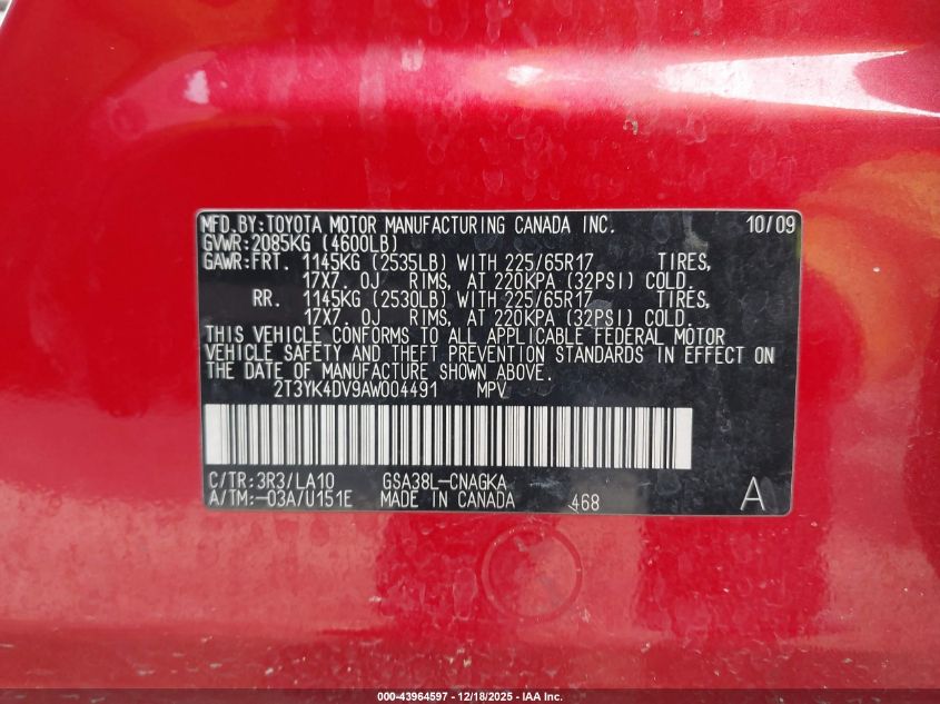 2010 Toyota Rav4 Limited V6 VIN: 2T3YK4DV9AW004491 Lot: 43964597