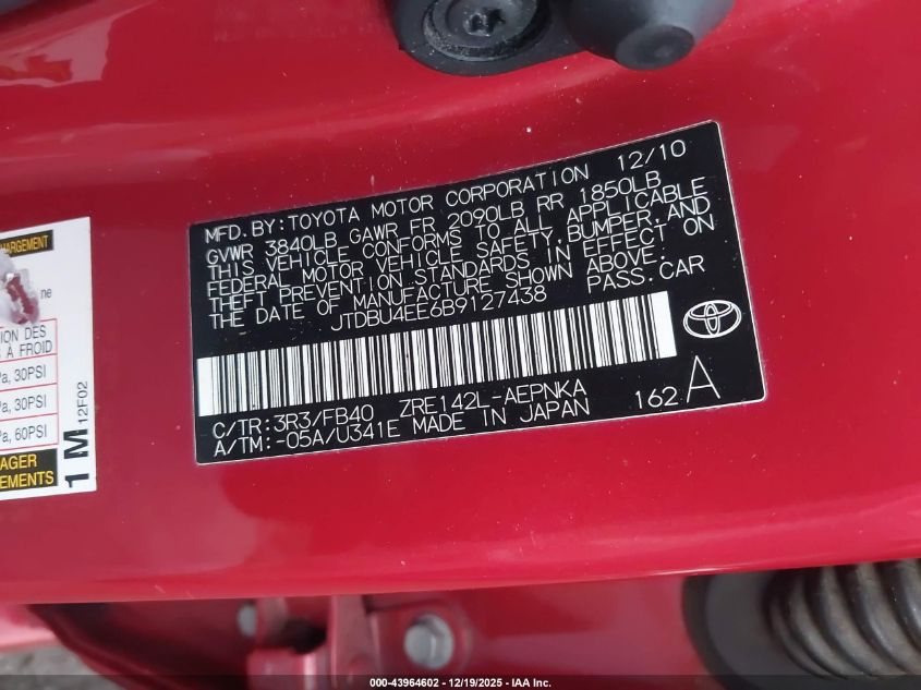 2011 Toyota Corolla Le VIN: JTDBU4EE6B9127438 Lot: 43964602