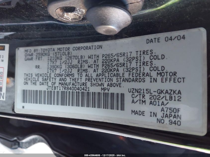 2004 Toyota 4Runner Limited V8 VIN: JTEBT17R840040421 Lot: 43964606