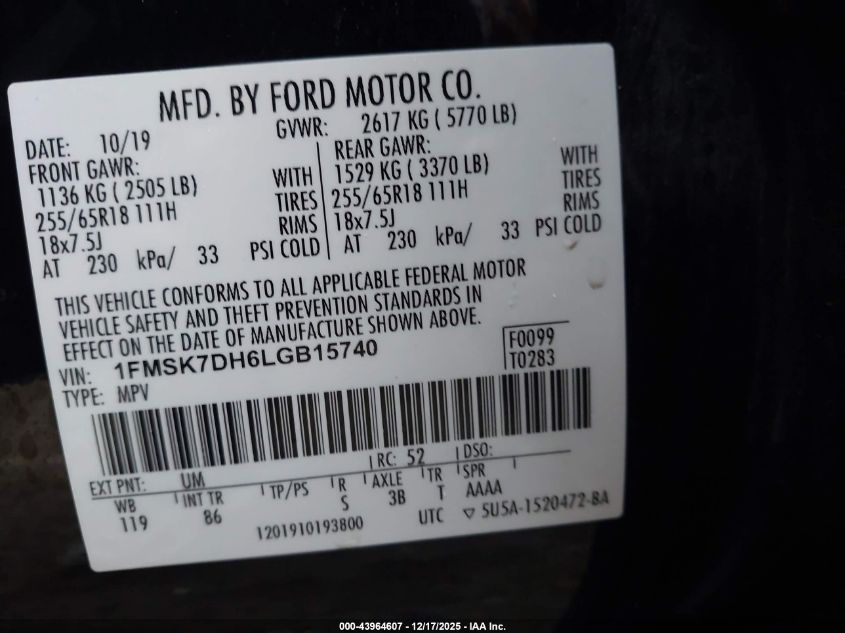 2020 Ford Explorer Xlt VIN: 1FMSK7DH6LGB15740 Lot: 43964607