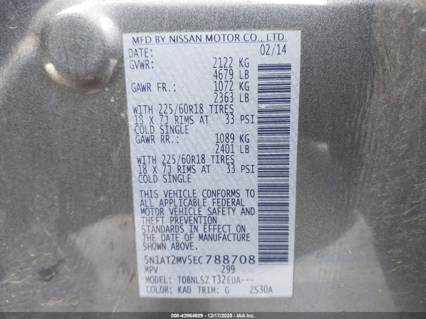 2014 Nissan Rogue Sl VIN: 5N1AT2MV5EC788708 Lot: 43964609