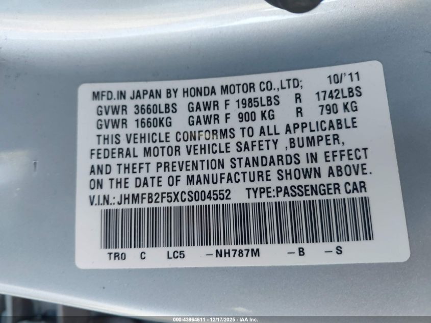 2012 Honda Civic Lx VIN: JHMFB2F5XCS004552 Lot: 43964611