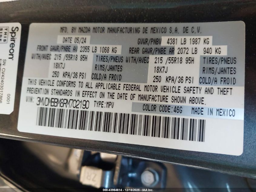 2024 Mazda Cx-30 2.5 S Select Sport VIN: 3MVDMBBM8RM702190 Lot: 43964614