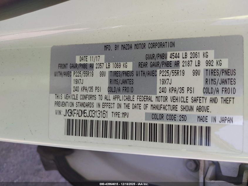 2018 Mazda Cx-5 Grand Touring VIN: JM3KFADM5J0313161 Lot: 43964615