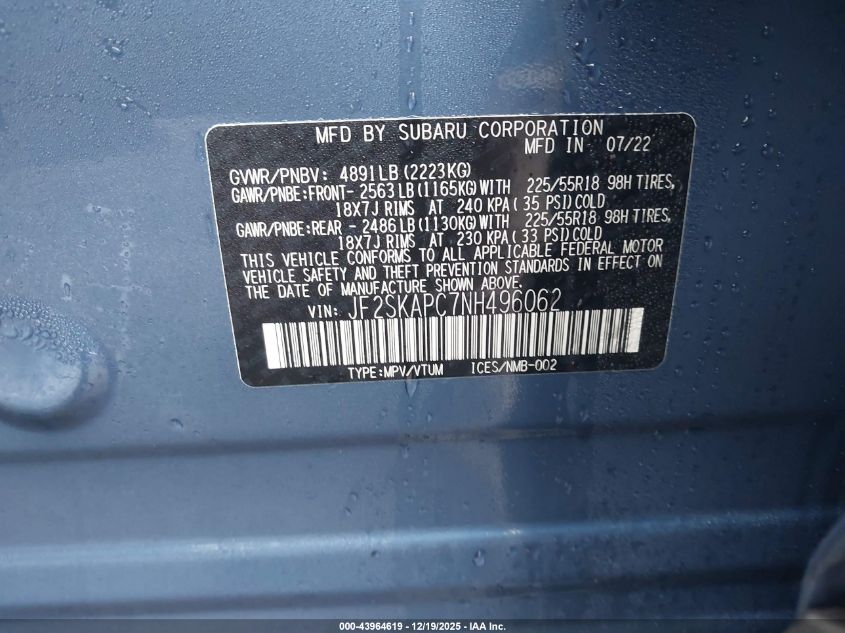 2022 Subaru Forester Limited VIN: JF2SKAPC7NH496062 Lot: 43964619