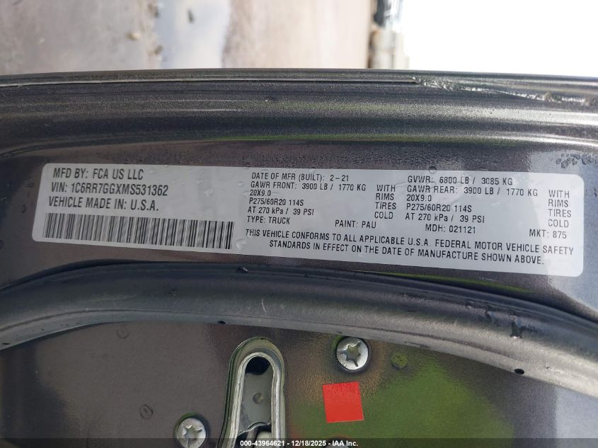 2021 Ram 1500 Classic Warlock 4X4 6'4 Box VIN: 1C6RR7GGXMS531362 Lot: 43964621
