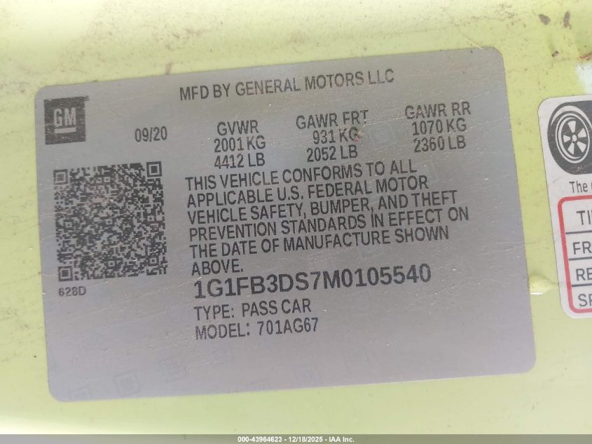 2021 Chevrolet Camaro Rwd 1Lt VIN: 1G1FB3DS7M0105540 Lot: 43964623