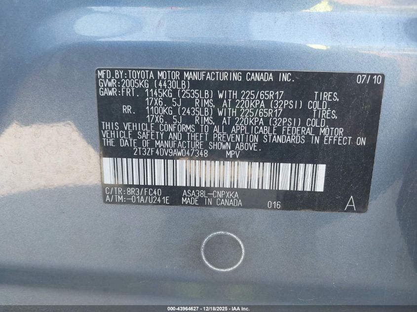 2010 Toyota Rav4 VIN: 2T3ZF4DV9AW047348 Lot: 43964627