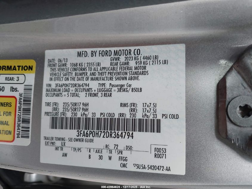 2013 Ford Fusion Se VIN: 3FA6P0H72DR364794 Lot: 43964628