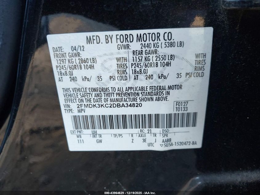 2013 Ford Edge Limited VIN: 2FMDK3KC2DBA34820 Lot: 43964629
