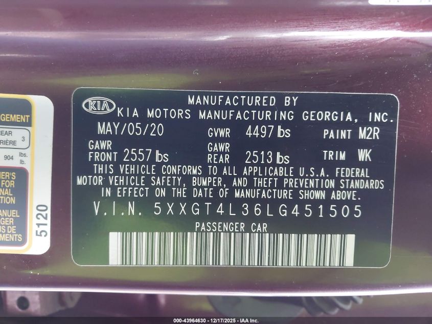 2020 Kia Optima Lx VIN: 5XXGT4L36LG451505 Lot: 43964630