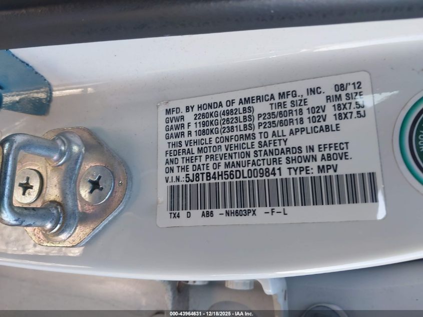 2013 Acura Rdx VIN: 5J8TB4H56DL009841 Lot: 43964631