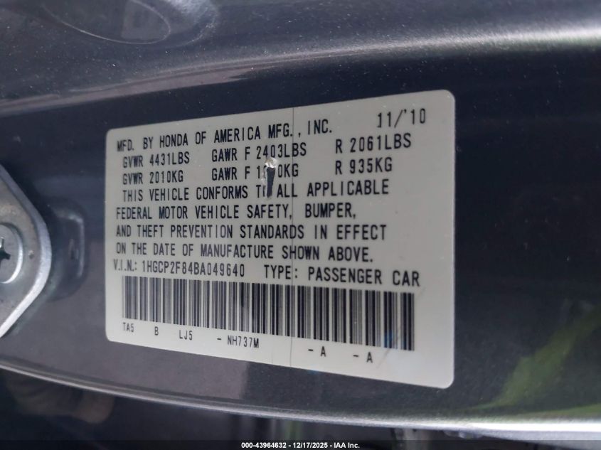 2011 Honda Accord 2.4 Ex-L VIN: 1HGCP2F84BA049640 Lot: 43964632