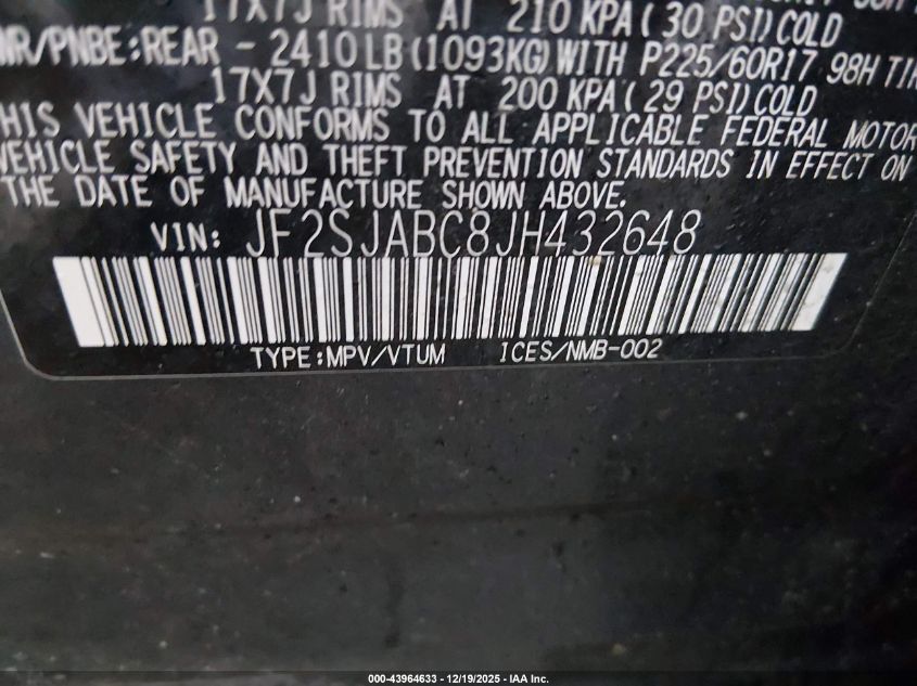 2018 Subaru Forester 2.5I VIN: JF2SJABC8JH432648 Lot: 43964633