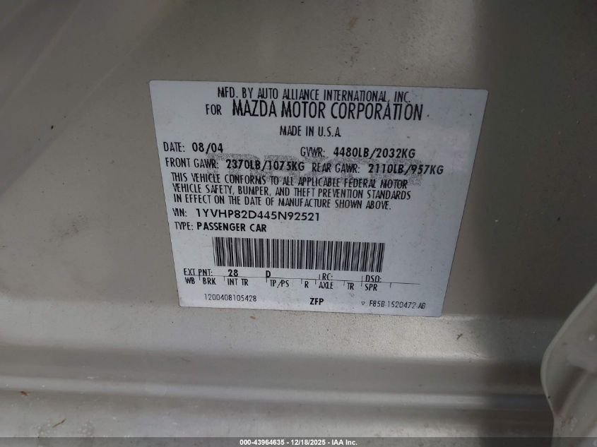 2004 Mazda Mazda6 S VIN: 1YVHP82D445N92521 Lot: 43964635