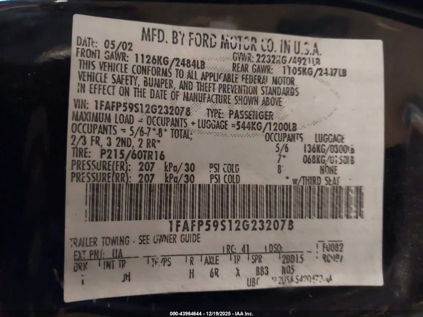 2002 Ford Taurus Sel VIN: 1FAFP59S12G232078 Lot: 43964644