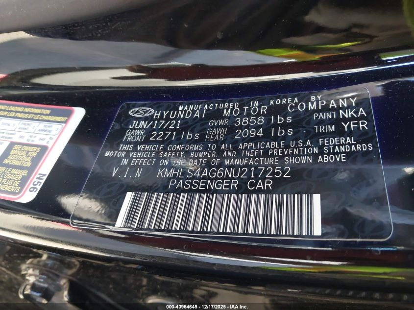 2022 Hyundai Elantra Sel VIN: KMHLS4AG6NU217252 Lot: 43964645