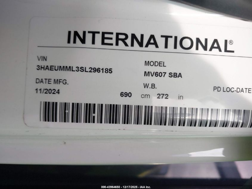 2025 International Mv VIN: 3HAEUMML3SL296185 Lot: 43964650