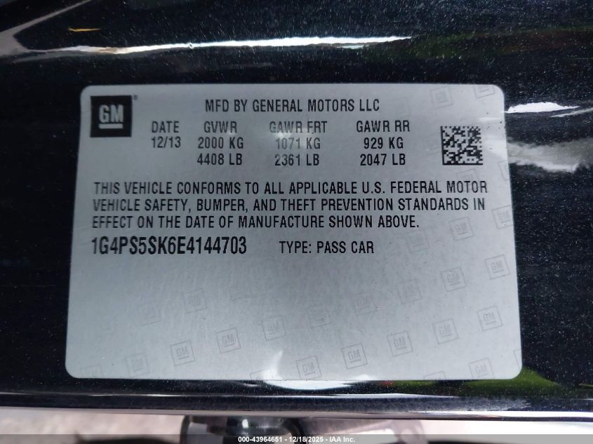 2014 Buick Verano Leather Group VIN: 1G4PS5SK6E4144703 Lot: 43964651