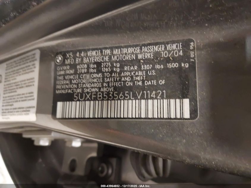2005 BMW X5 4.4I VIN: 5UXFB53565LV11421 Lot: 43964652