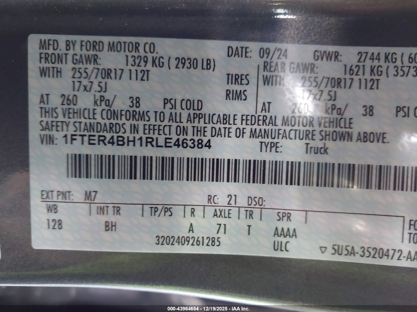 2024 Ford Ranger Xl VIN: 1FTER4BH1RLE46384 Lot: 43964654