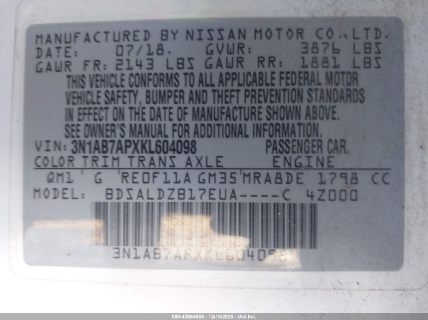 2019 Nissan Sentra Sv VIN: 3N1AB7APXKL604098 Lot: 43964656