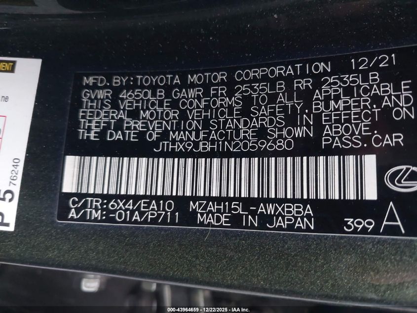 2022 Lexus Ux 250H VIN: JTHX9JBH1N2059680 Lot: 43964659