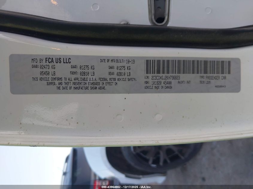 2019 Dodge Charger Scat Pack Rwd VIN: 2C3CDXGJ2KH736823 Lot: 43964662