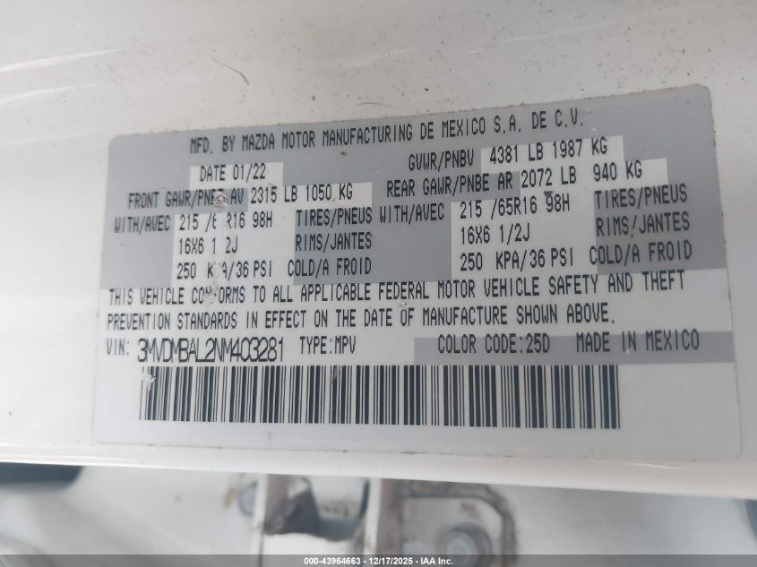 2022 Mazda Cx-30 2.5 S VIN: 3MVDMBAL2NM403281 Lot: 43964663