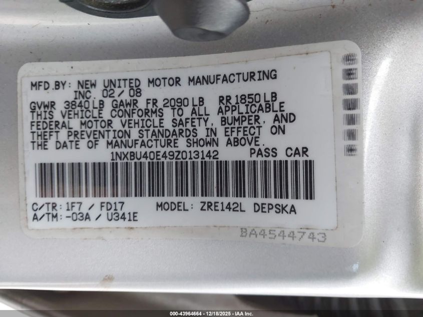 2009 Toyota Corolla S VIN: 1NXBU40E49Z013142 Lot: 43964664