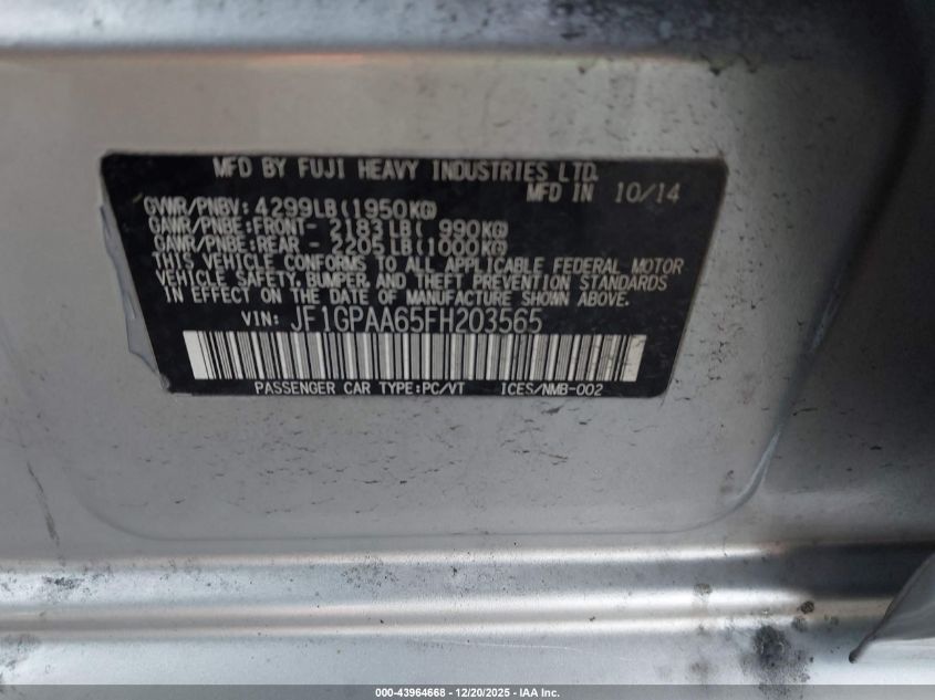 2015 Subaru Impreza 2.0I VIN: JF1GPAA65FH203565 Lot: 43964668