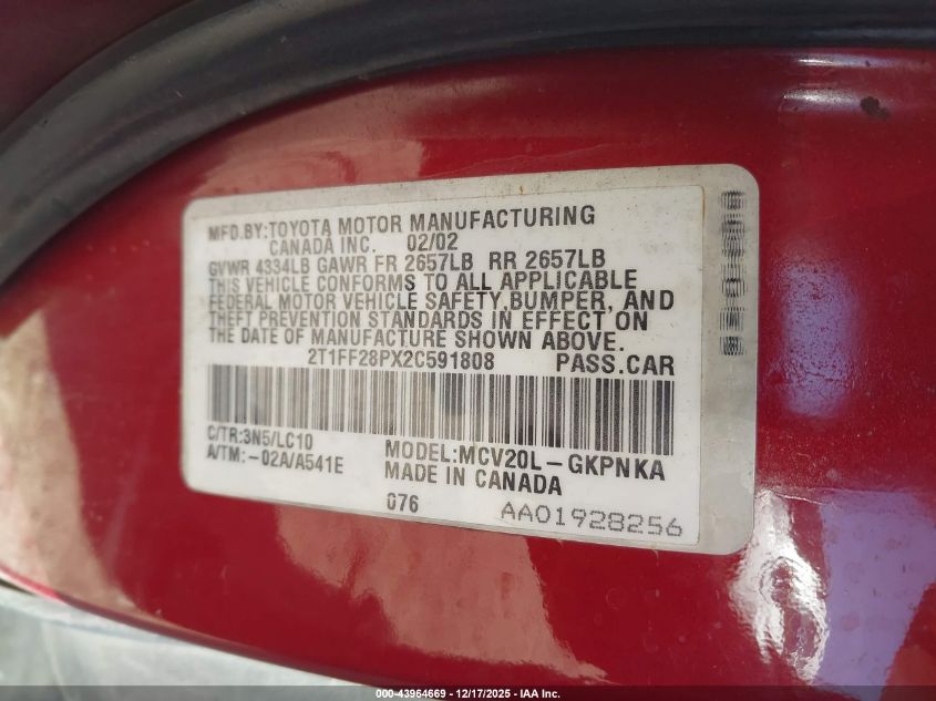 2002 Toyota Camry Solara Sle V6 VIN: 2T1FF28PX2C591808 Lot: 43964669