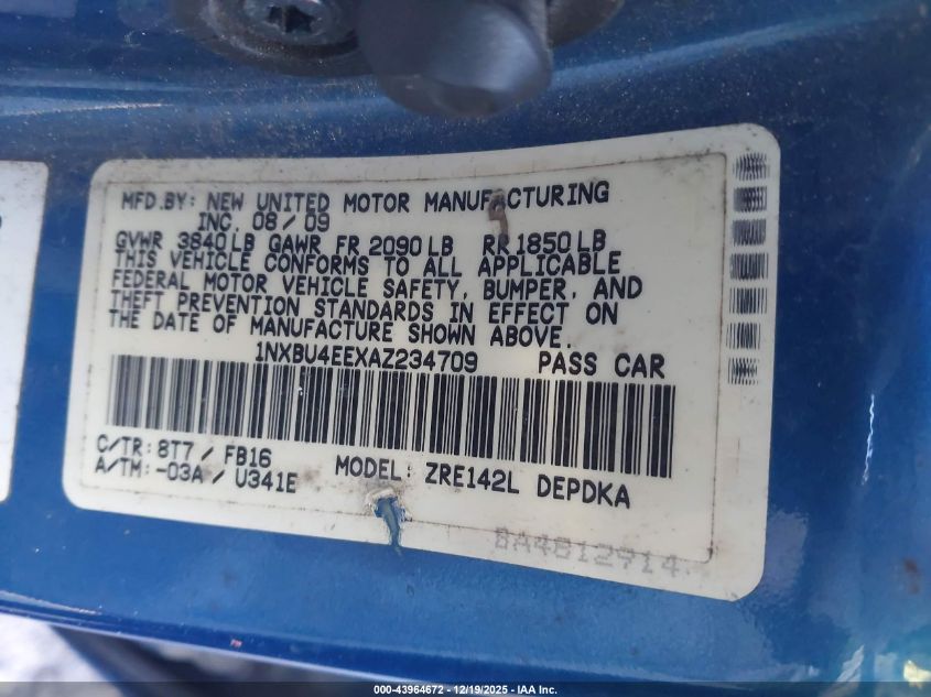 2010 Toyota Corolla VIN: 1NXBU4EEXAZ234709 Lot: 43964672