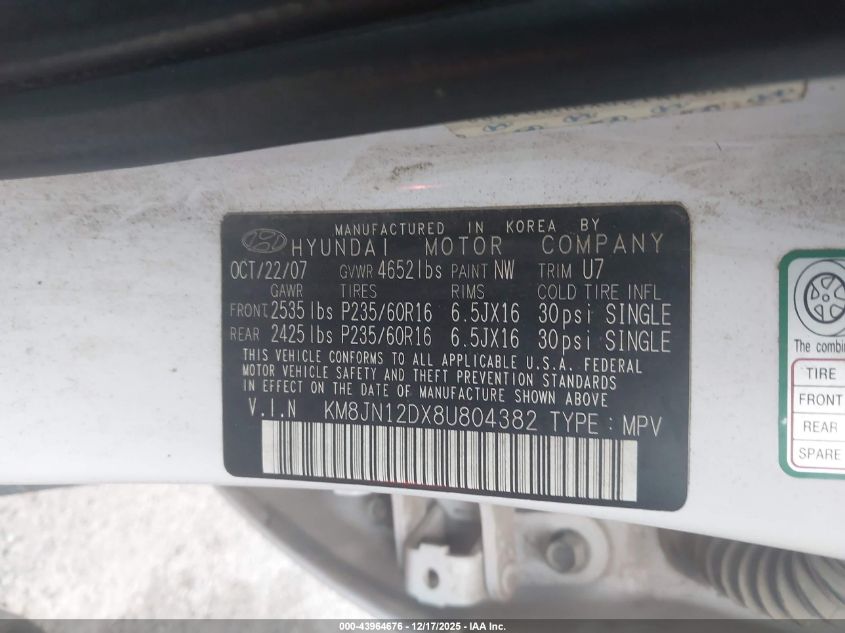 2008 Hyundai Tucson Limited V6/Se VIN: KM8JN12DX8U804382 Lot: 43964676