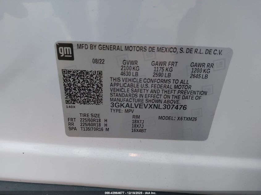 2022 GMC Terrain Awd Slt VIN: 3GKALVEVXNL307476 Lot: 43964677