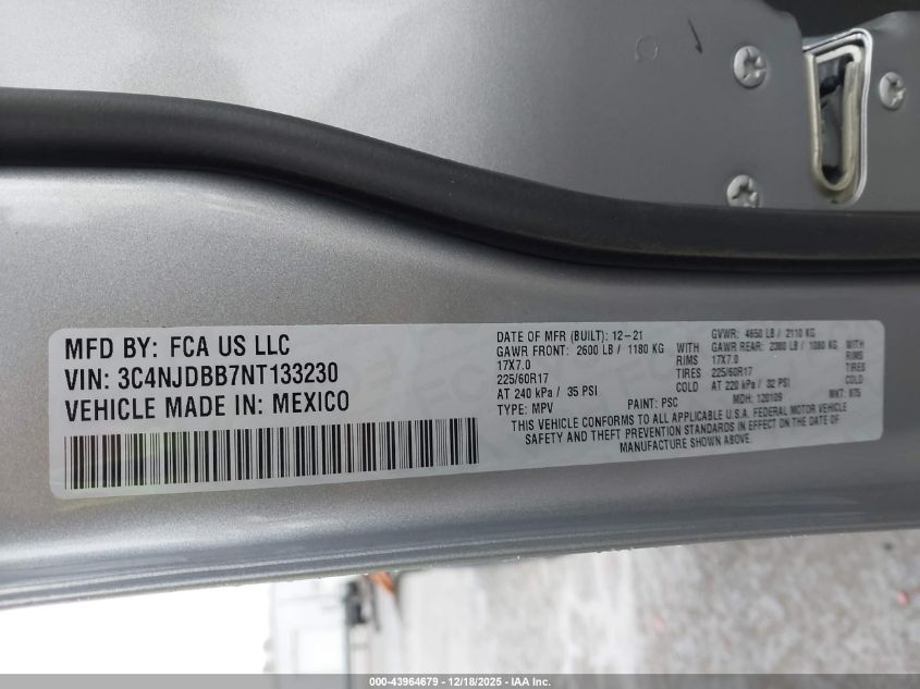 2022 Jeep Compass Latitude 4X4 VIN: 3C4NJDBB7NT133230 Lot: 43964679