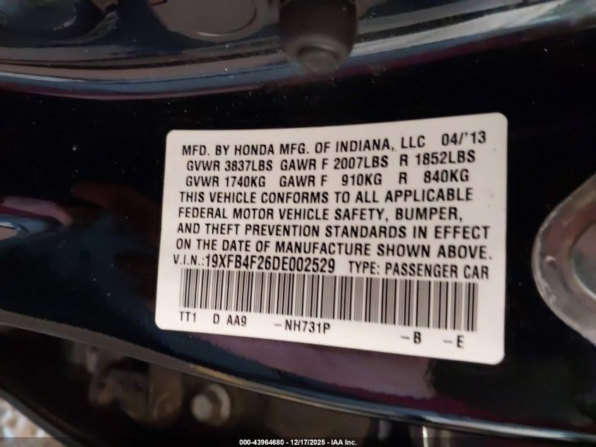 2013 Honda Civic Hybrid VIN: 19XFB4F26DE002529 Lot: 43964680