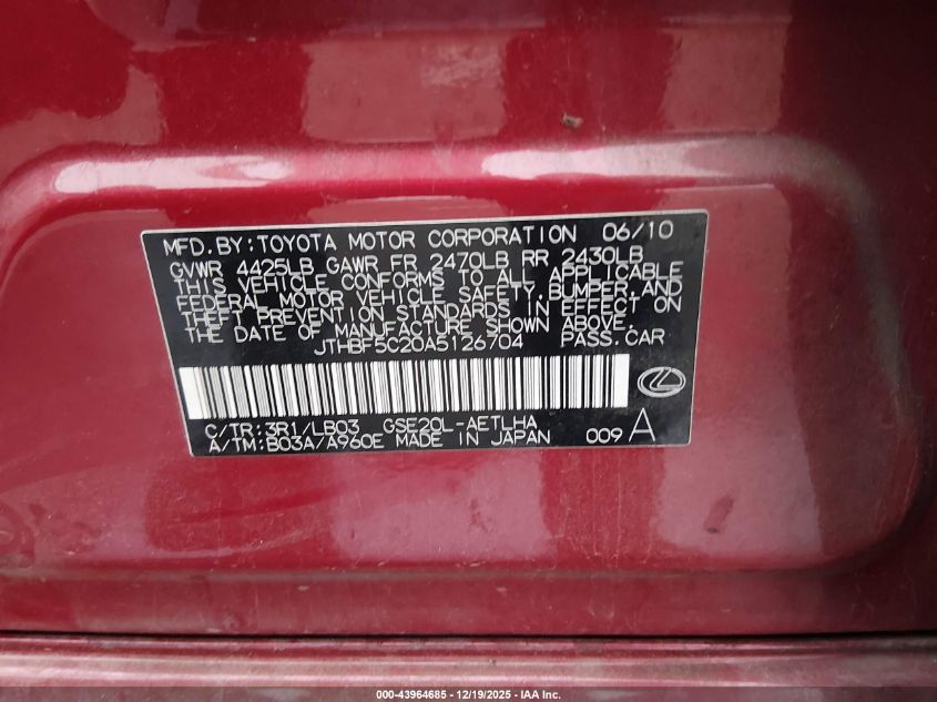 2010 Lexus Is 250 VIN: JTHBF5C20A5126704 Lot: 43964685