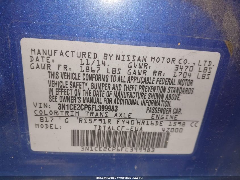 2015 Nissan Versa Note S (Sr)/S Plus/Sl/Sr/Sv VIN: 3N1CE2CP6FL399983 Lot: 43964684