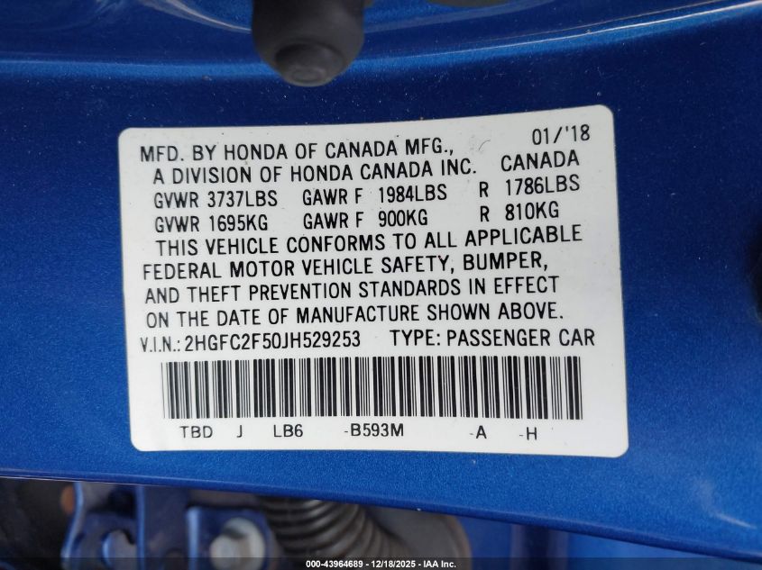 2018 Honda Civic Lx VIN: 2HGFC2F50JH529253 Lot: 43964689