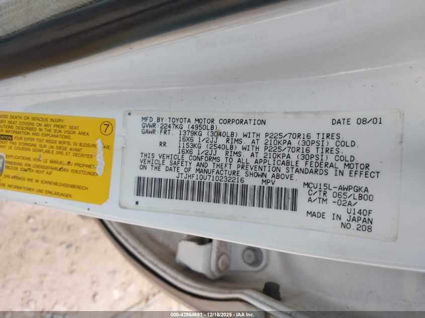 2001 Lexus Rx 300 VIN: JTJHF10U710232216 Lot: 43964691