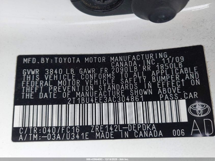 2010 Toyota Corolla Le VIN: 2T1BU4EE3AC304861 Lot: 43964693