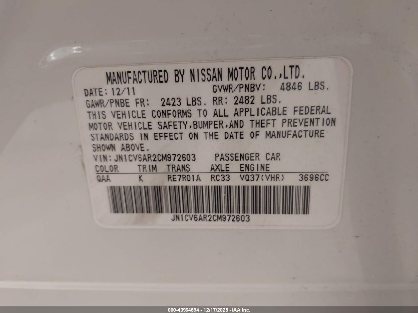 2012 Infiniti G37X VIN: JN1CV6AR2CM972603 Lot: 43964694