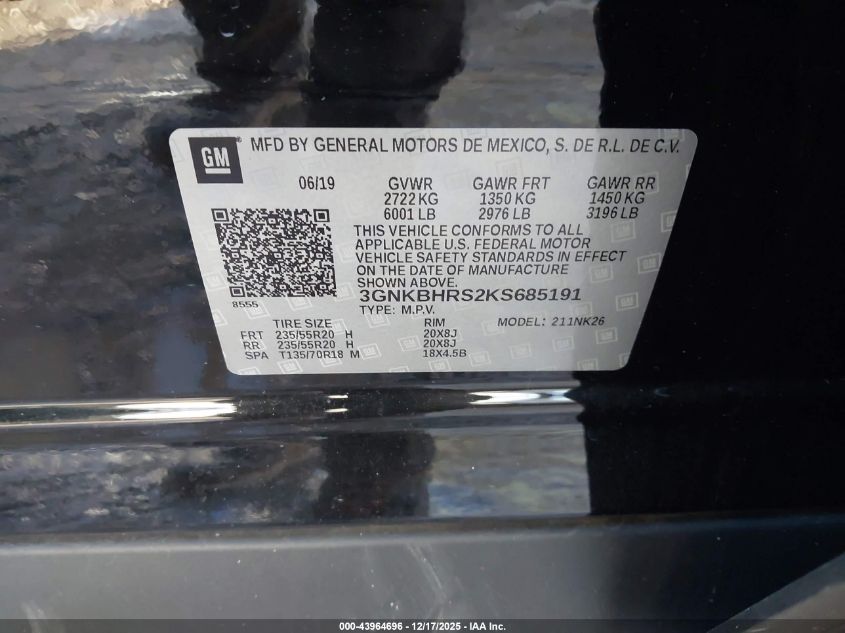 2019 Chevrolet Blazer VIN: 3GNKBHRS2KS685191 Lot: 43964696