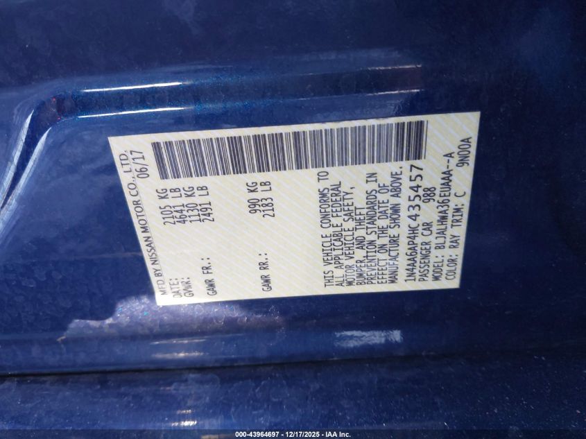 2017 Nissan Maxima 3.5 Platinum VIN: 1N4AA6AP4HC435457 Lot: 43964697